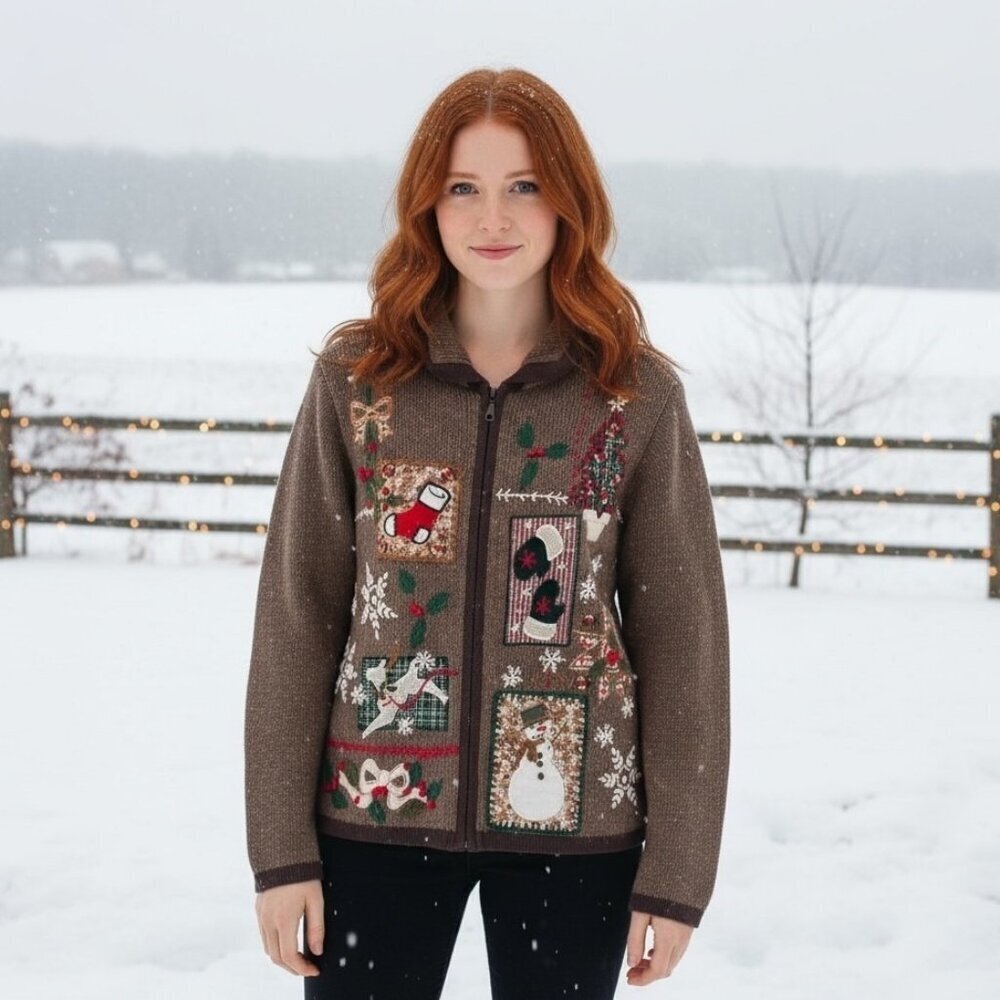 Victoria Jones Vintage Holiday Cardigan Sweater - Size M - Festive Appliqué